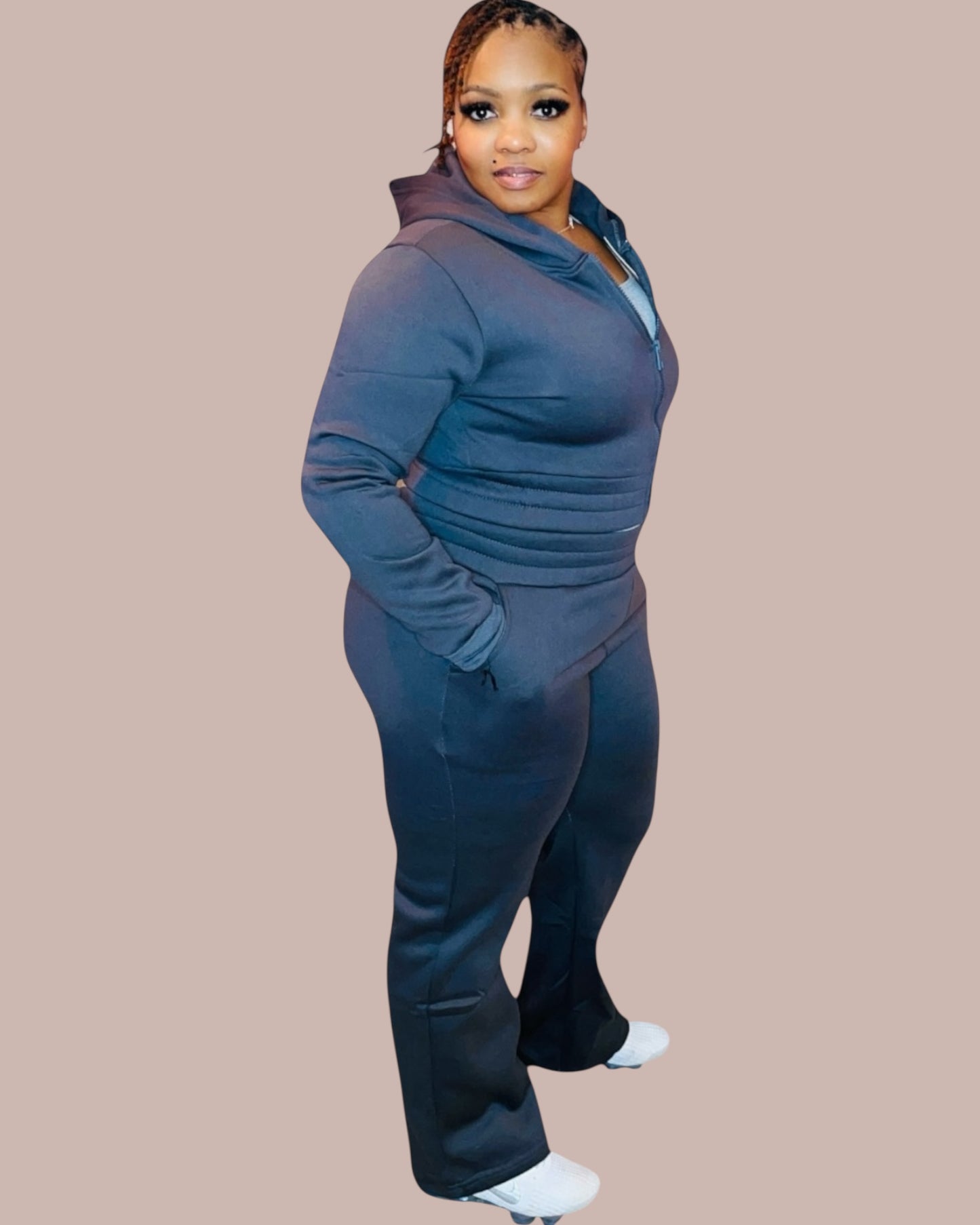 ZIPPED CROP HOODIE SET (CHARCOAL)