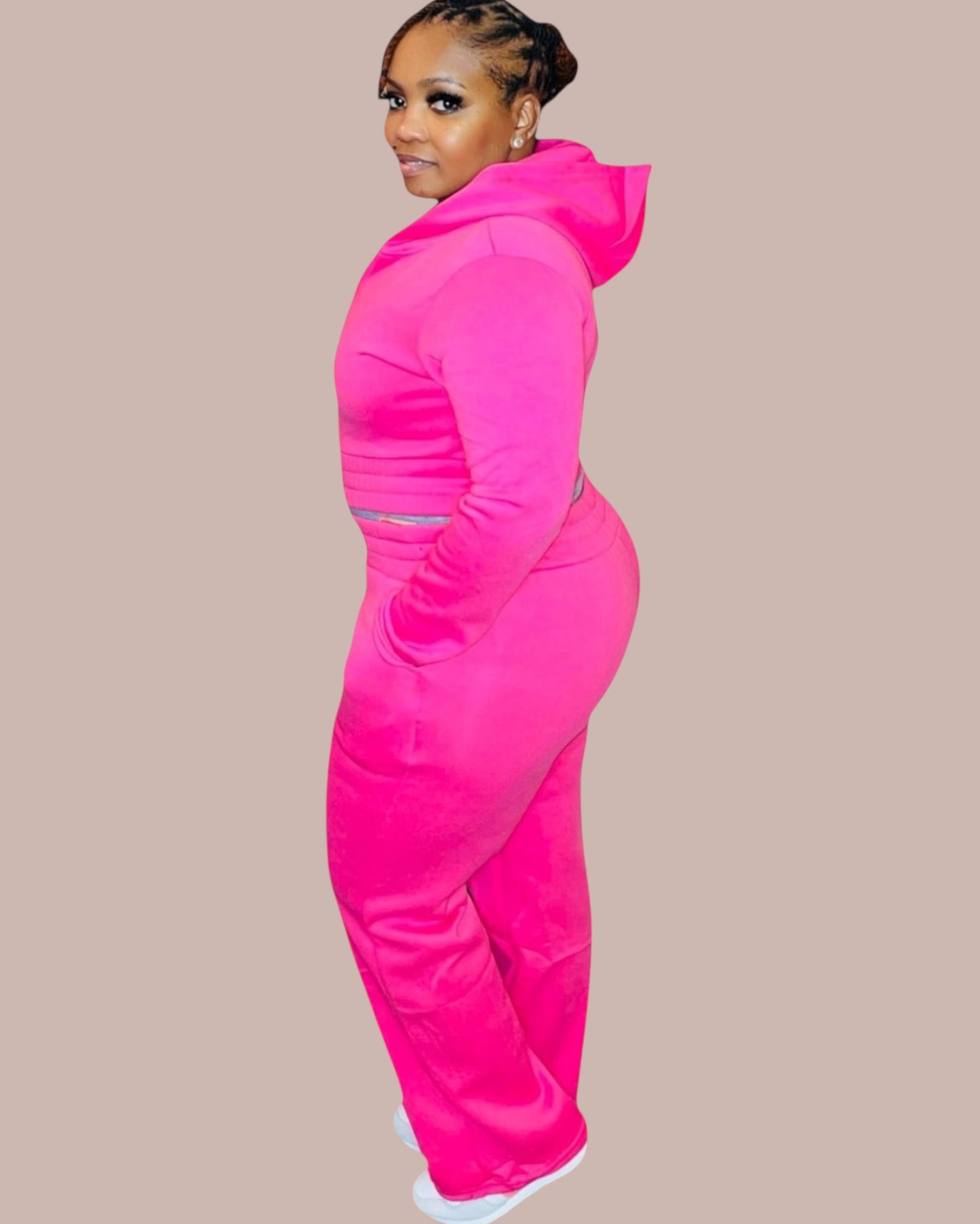ZIPPED CROP HOODIE SET (FUCHSIA)