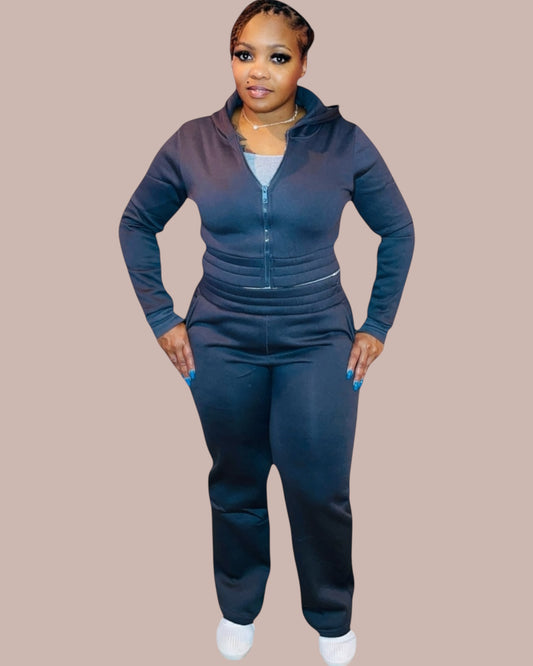 ZIPPED CROP HOODIE SET (CHARCOAL)