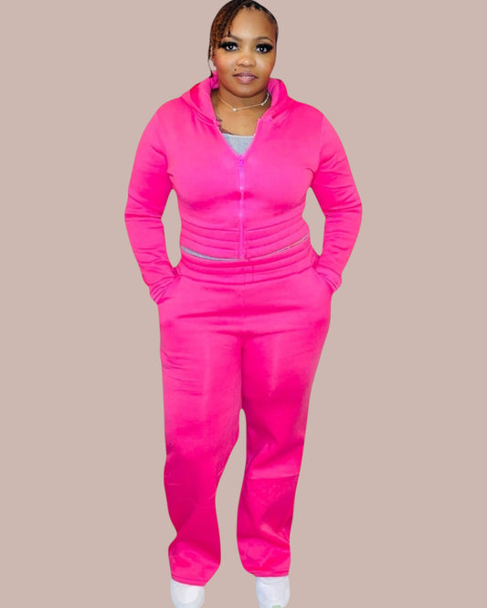 ZIPPED CROP HOODIE SET (FUCHSIA)