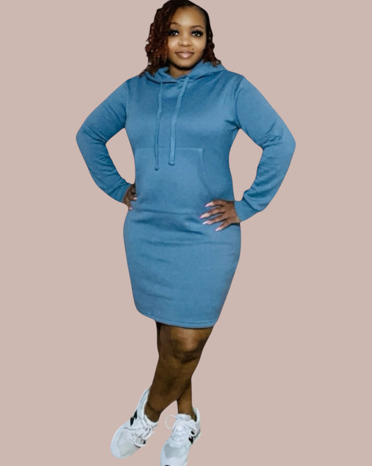 FLEECE HOODIE DRESS (DUSTY BLUE)