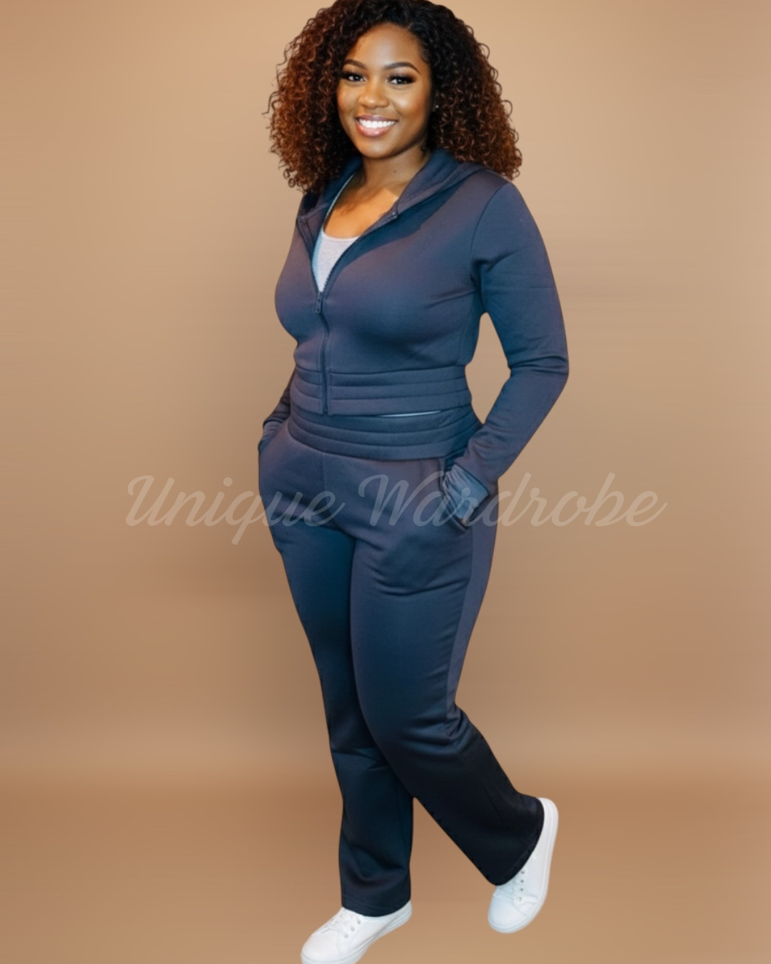 ZIPPED CROP HOODIE SET (CHARCOAL)