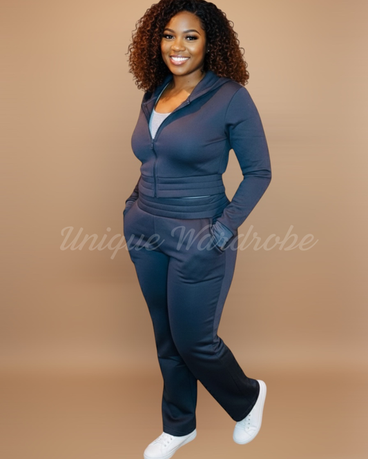 ZIPPED CROP HOODIE SET (CHARCOAL)