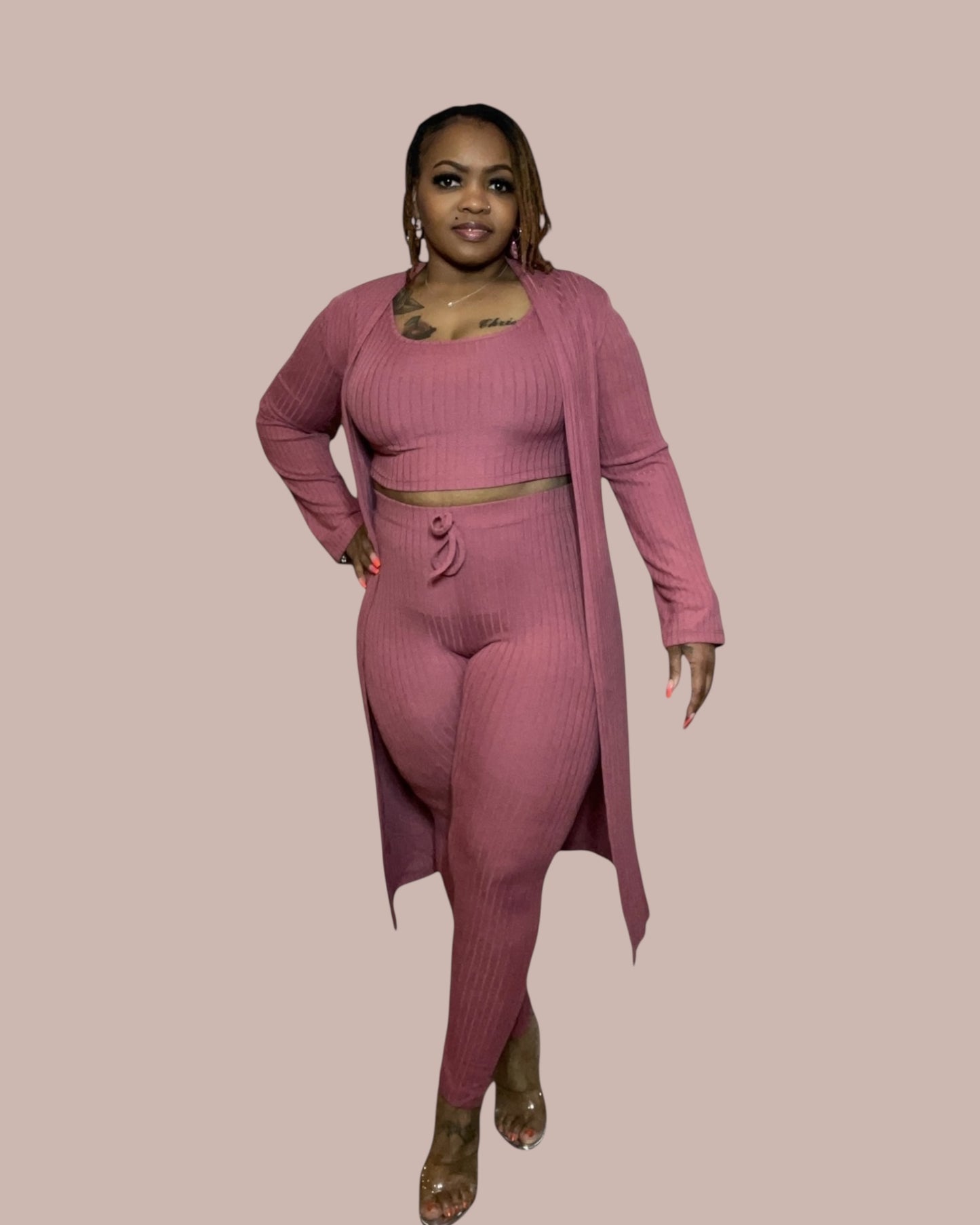 3 PIECE CARDIGAN SET (MAUVE)