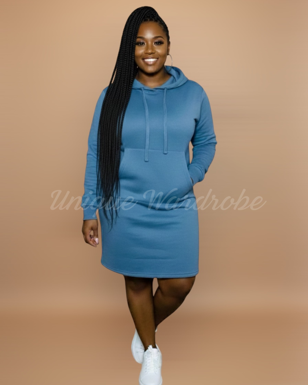 FLEECE HOODIE DRESS (DUSTY BLUE)