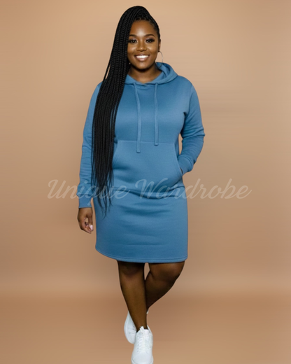 FLEECE HOODIE DRESS (DUSTY BLUE)