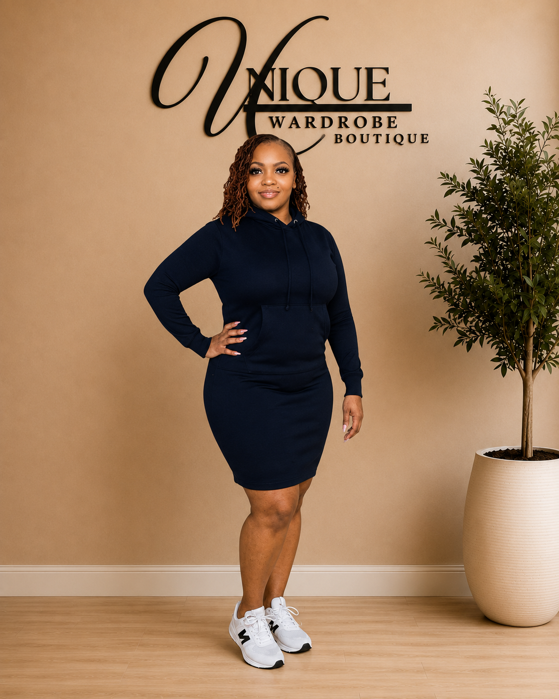 FLEECE HOODIE DRESS (NAVY)